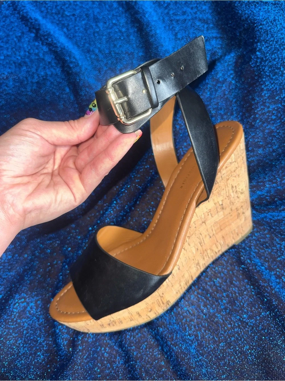 Tommy Hilfiger Black Cork Wedge Sandals with Buckle Strap size 9